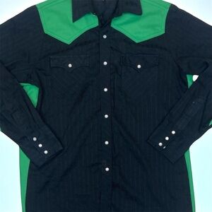 Men's Vintage 1980 western cowboy shirt Black and Green Casual Button Down L16